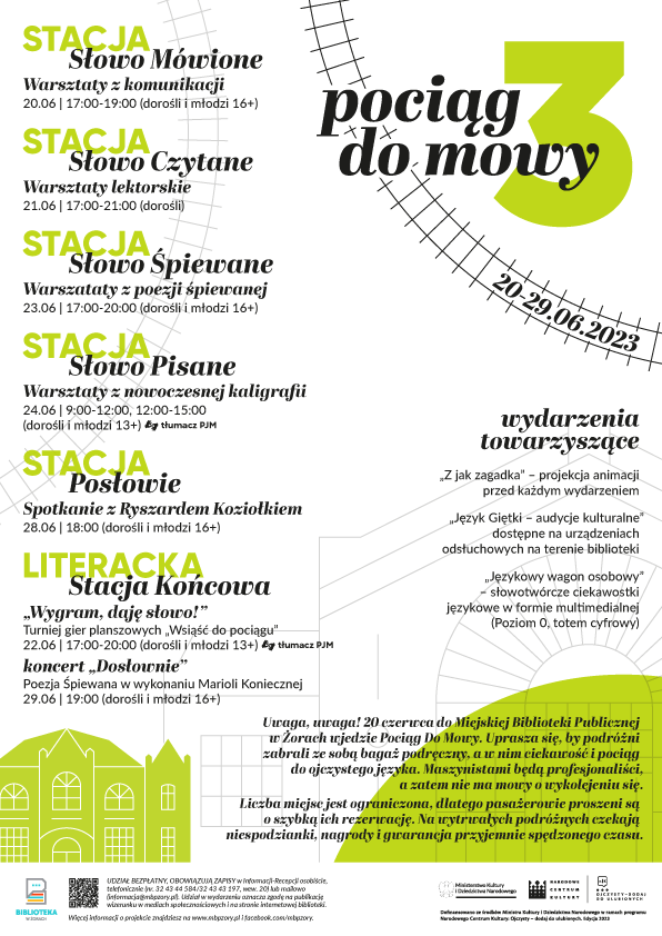 Plakat promujący projekt "Pociąg do mowy - edycja 3" 20-29.06.2023