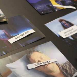 Zbliżenie na stół, na którym leżą rozłożone wydrukowane kadry z filmów oraz karteczki z tytułami filmów.