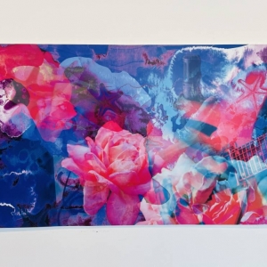 Zawieszona na ścianie grafika przedstawia swoisty kolaż różnych barw i przedmiotów. Widoczne elementy materii pośród odcieni różu i niebieskiego to róża, mikrofon, rozgwiazda, gryf z gitary.