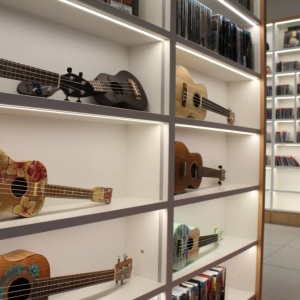 Zdjęcie oświetlonego regału, na którym znajdują się 7 sztuk ukulele różnych rozmiarów. W tle widoczne są półki z filmami i płytami muzycznymi. 