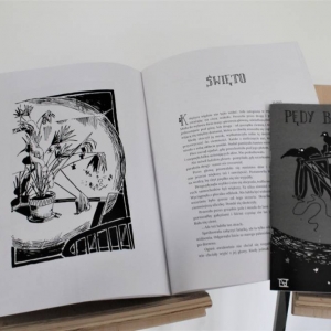 Zbliżenie na dwie książki, jedna z nich jest otwarta. Na jednej ze stron znajduje się rysunek, na drugiej tytuł i tekst opowiadania. Na drugiej drewnianej podkładce leży zamknięta książka autorstwa Julii Malik "Pędy Bluszczu".