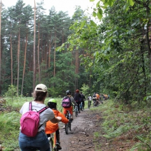 Ujęcie na kilkunastu rowerzystów przejeżdżających przez las. Jadą gęsiego, przez wąską ścieżkę. Widać ich tyły. Po obu stronach widoczne są duże, zielone drzewa.