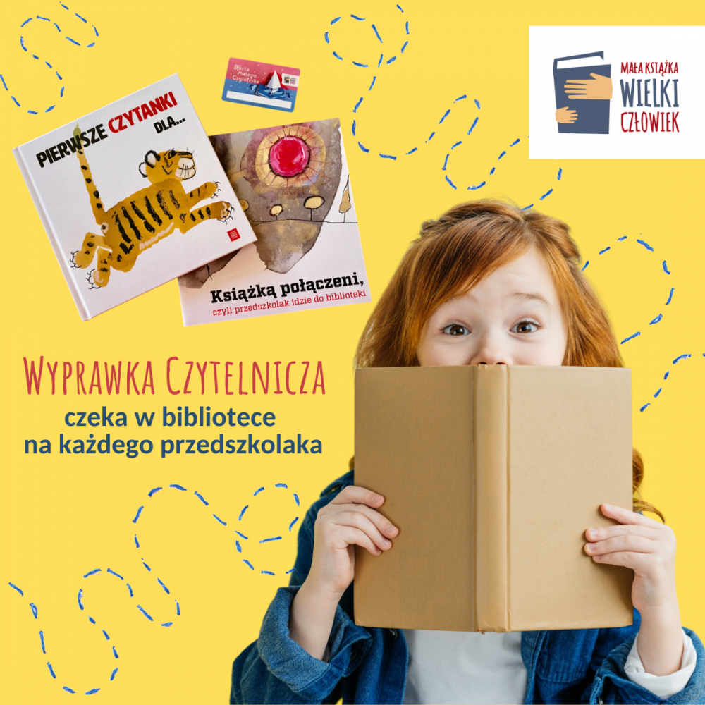 Grafika w kolorze żółtym z dziewczynką czytającą książkę.