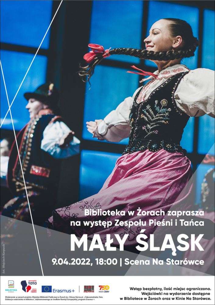 Plakat wydarzenia "Występ Zespołu Pieśni i Tańca "Mały Śląsk" z fotografią mężczyzny i kobiety ubranych w śląskie, regionalne stroje.