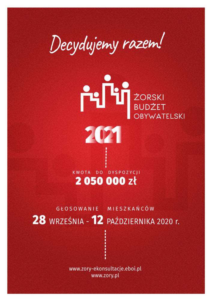 Plakat z dominującym kolorem czerwonym reklamujący Żorski Budżet Obywatelski.