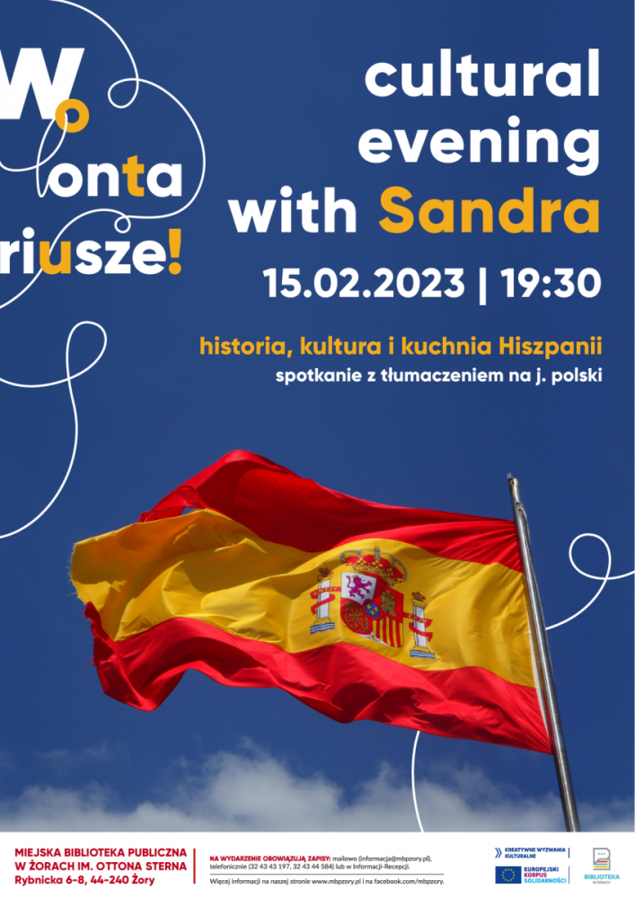 Plakat promujący wydarzenie Cultural evening with Sandra 15.02.2023 19:30."